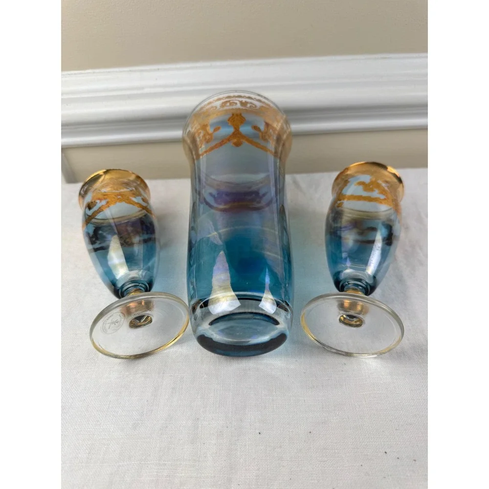 I Preziosi Italy Iridescent Blue Glass Pitcher & 2 Glasses 24K Gold Filigree Set